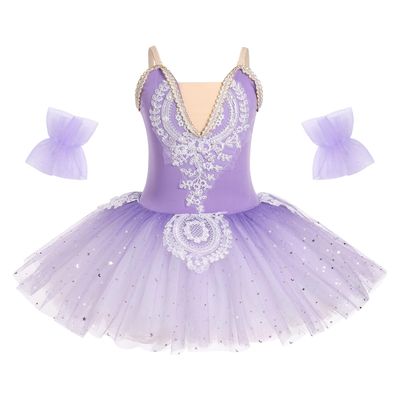 AFAVOM Ballet Leotards for Girls Lace Flower Camisole Leotard Skirted Performance Swan Lake Ballet Dance Dress Glitter Ballerina Dancewear for Toddler Kids Teen Girls with Armbands Purple 9-10 Years