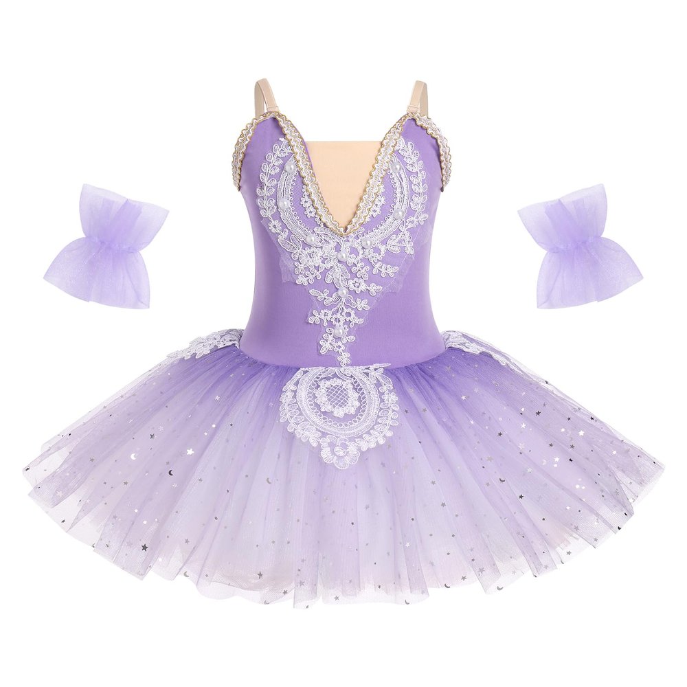 AFAVOM Ballet Leotards for Girls Lace Flower Camisole Leotard Skirted Performance Swan Lake Ballet Dance Dress Glitter Ballerina Dancewear for Toddler Kids Teen Girls with Armbands Purple 9-10 Years