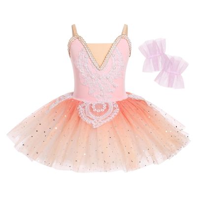 AFAVOM Ballet Leotards for Girls Lace Flower Camisole Leotard Skirted Performance Swan Lake Ballet Dance Dress Glitter Ballerina Dancewear for Toddler Kids Teen Girls with Armbands Pink 9-10 Years