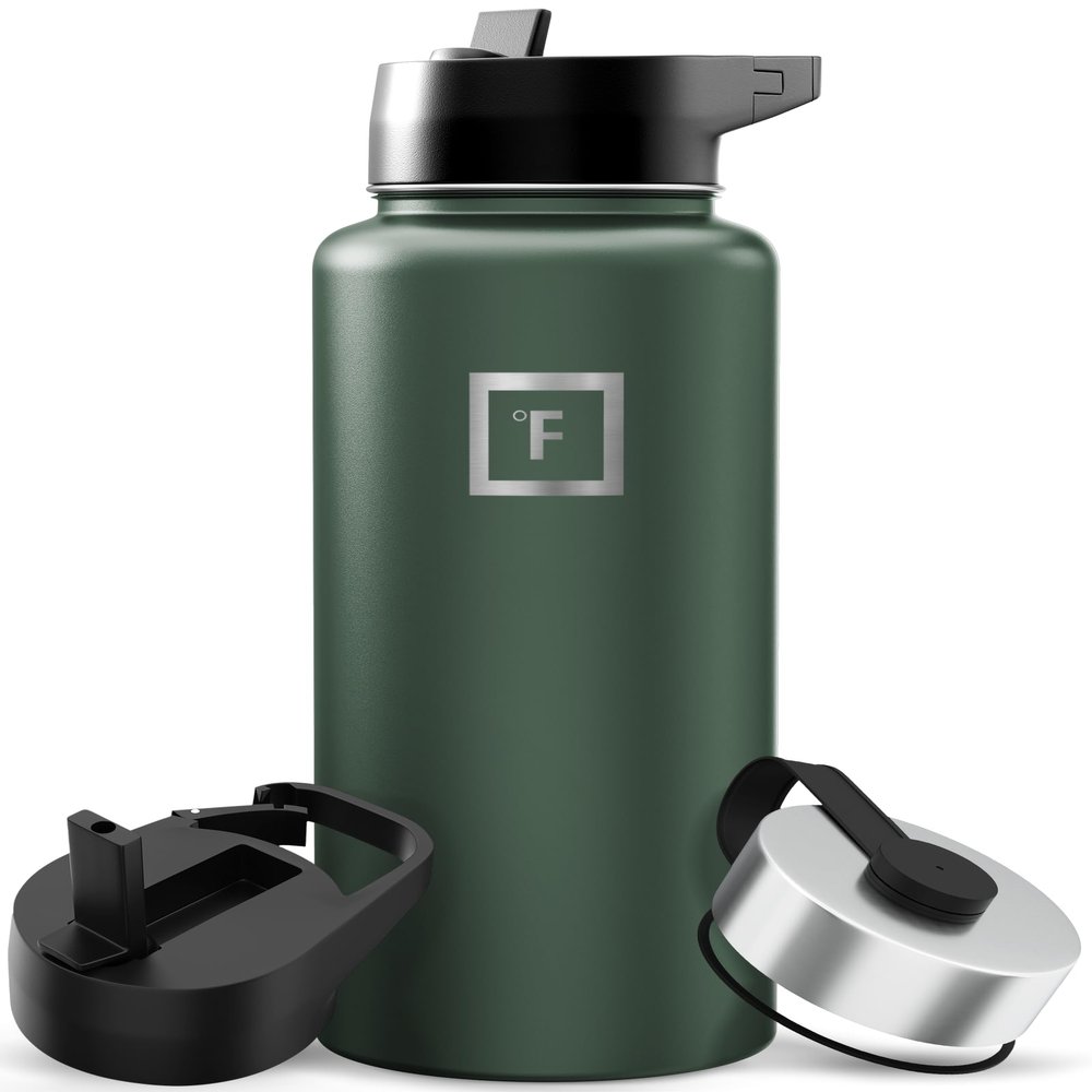 IRON FLASK Camping & Hiking Hydration Flask with Straw, Wide Mouth Insulated Stainless Steel Sports Water Bottle - 32 oz Dark Pine