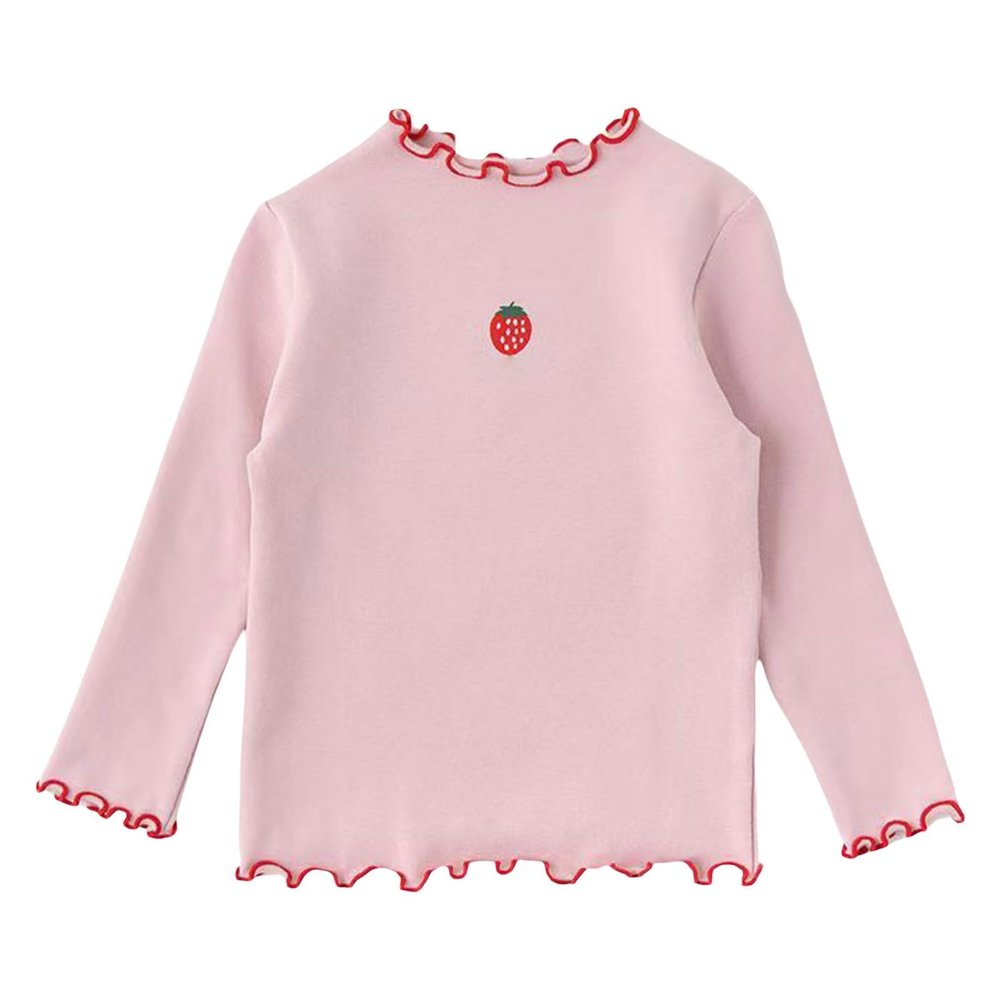 Toddler Girl Fruit Pattern Lettuce Trim Ruffle Long Sleeve Top Crew Neck for 1 to 7 Years Girls Shirt (Pink, 5-6 Years)