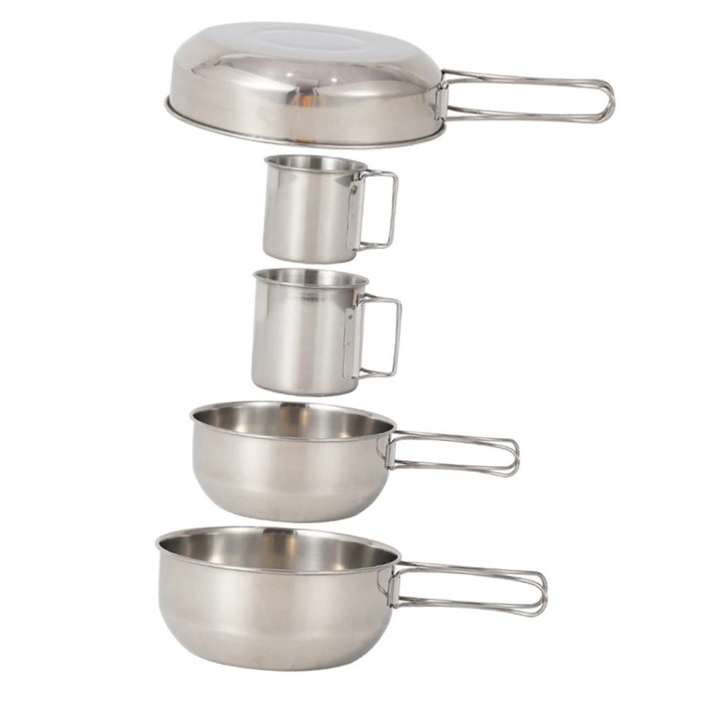 Anneome 5pcs Outdoor Camping Cookware Set Stainless Steel Tableware for Hiking Picnic and Mountaineering Includes Saucepans and Cups Easy to Clean and