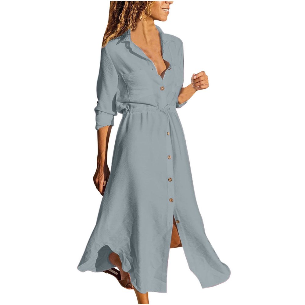 Women's Maxi Shirt Dress 2024 Spring Summer Long Sleeve Dresses Lapel V Neck A Line Flowy Elegant Party Long Dresses Gray