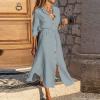 Women's Maxi Shirt Dress 2024 Spring Summer Long Sleeve Dresses Lapel V Neck A Line Flowy Elegant Party Long Dresses Gray view 2