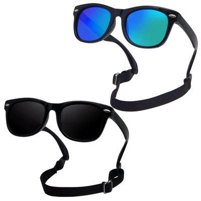COOLSOME Kids Flexible Polarized UV400 Sunglasses with Strap For Boys Girls Toddler 0-10 (2, black+black/mirrored(0-3 yrs/0-36 mths), 42mm)
