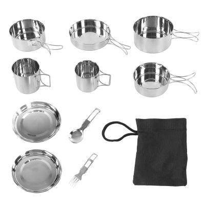 KJAOYU 12 Pcs Camping Cookware Set,Camping Cookware Set Folding Handle 304 Stainless Steel Portable Picnic Cooking Pot Cup Set