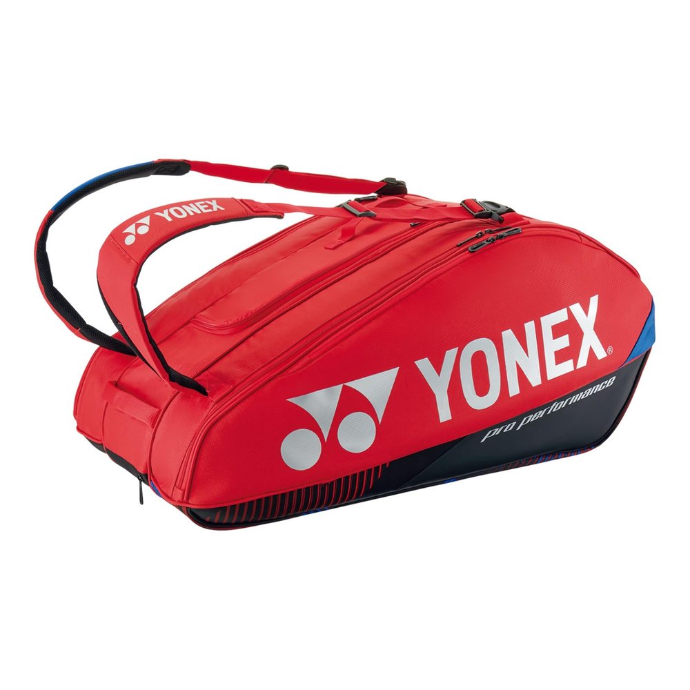 Yonex Pro Racquet Bag 9 PCs, Multi-Compartment 9-Racket Tennis Gear Travel Pack, Backpack Carry Straps/Grab Handle, Scarlet