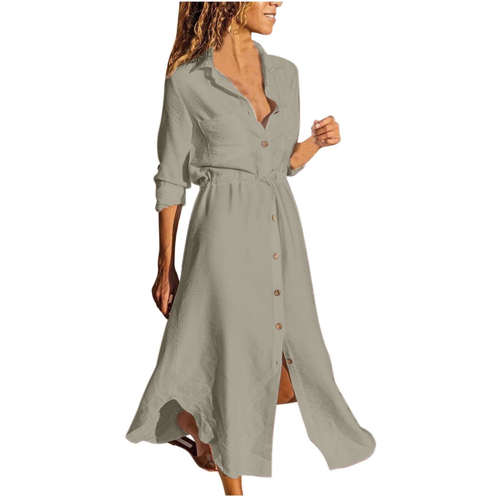 Women's Maxi Shirt Dress 2024 Spring Summer Long Sleeve Dresses Lapel V Neck A Line Flowy Elegant Party Long Dresses Khaki