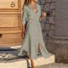 Women's Maxi Shirt Dress 2024 Spring Summer Long Sleeve Dresses Lapel V Neck A Line Flowy Elegant Party Long Dresses Khaki view 2