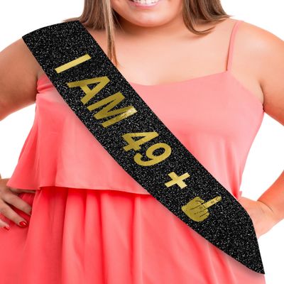 Funny 50th Birthday Sash 49 + 1"  Black Glitter Gold Foil Gag Gift  Large 72" x 4" Novelty Party Accessory for Men or Women Turning 50  Hilarious Over The Hill Bday Decoration