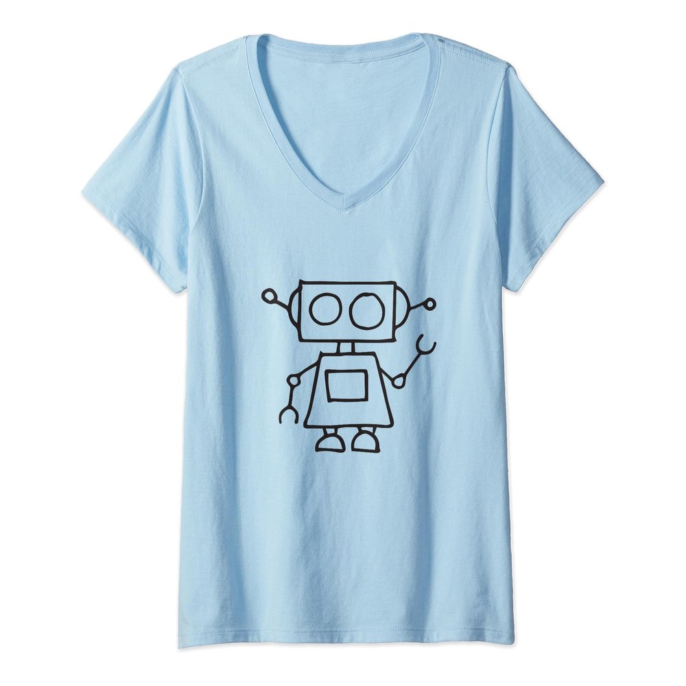 Womens Funny Cute Doodle Robot Thinking V-Neck T-Shirt