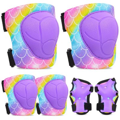 FIODAY Knee Pads for Kids Adjustable Kids Knee Pads and Elbow Pads with Wrist Guard for Girls Roller Skates Cycling Bike Skateboard Scooter Knee Pads, 3-8 Years,Rainbow Mermaid