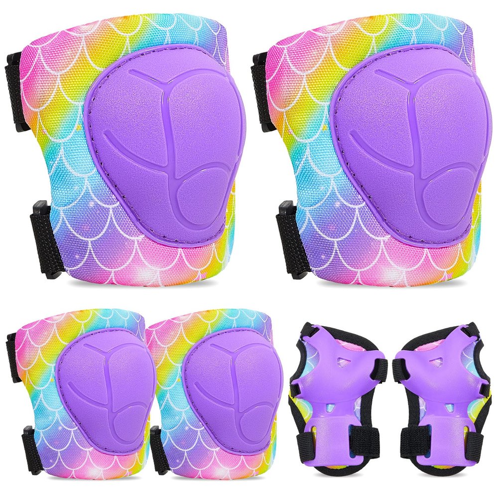 FIODAY Knee Pads for Kids Adjustable Kids Knee Pads and Elbow Pads with Wrist Guard for Girls Roller Skates Cycling Bike Skateboard Scooter Knee Pads, 3-8 Years,Rainbow Mermaid