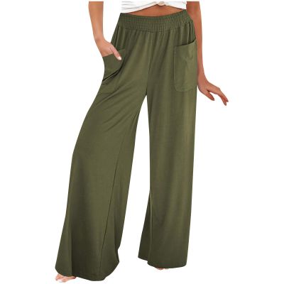 NineFit Basics Women's Casual Loose Wide Leg Pants Yoga Sweatpants Comfy High Waisted Sports Athletic Lounge Trousers with Pockets Army Green, Small