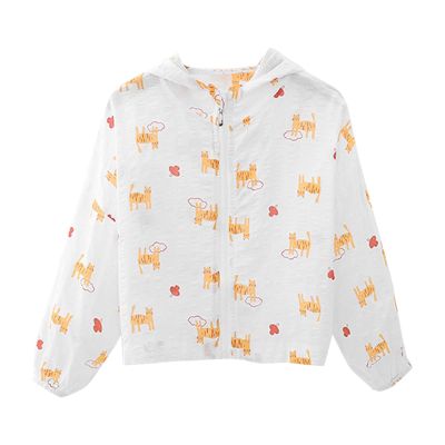 Boys Girls Sun Protective Lightweight Jacket with Hood Ultra-thin Breathable Zip Cartoon Print (White-4, 6-7 Years)
