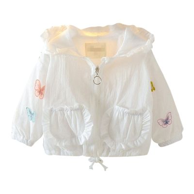 Girls Summer Butterfly Print Long Sleeve Coat Sun Protective Hooded Zipper Pocket Outwear Girls (White, 6-12 Months)
