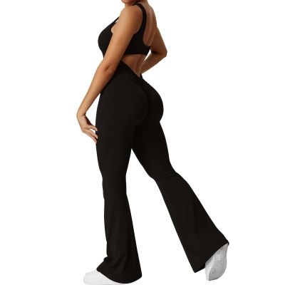 SERYU Women Workout Flare Jumpsuits Sleeveless Backless Gym Bodycon Scrunch Butt V Back Yoga Rompers Black XX-Large