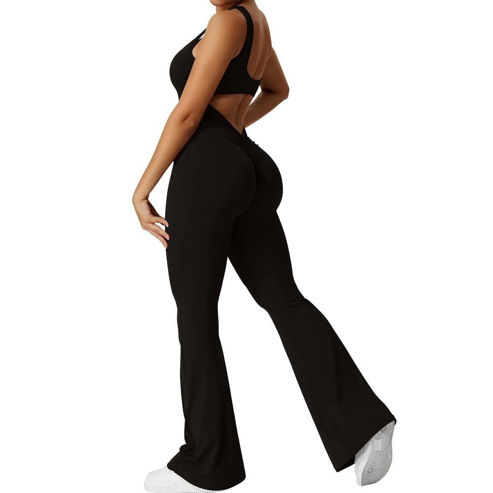 SERYU Women Workout Flare Jumpsuits Sleeveless Backless Gym Bodycon Scrunch Butt V Back Yoga Rompers Black XX-Large