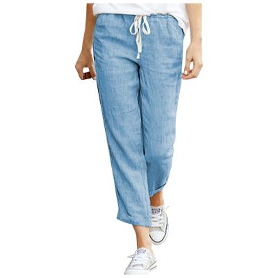 GOKKILRW Womens Cotton Linen Cropped Pants Solid Color Wide Leg Baggy Capri Pants Flowy Palaazo Summer Lounge Pants Tall High Waisted Drawstring Pants