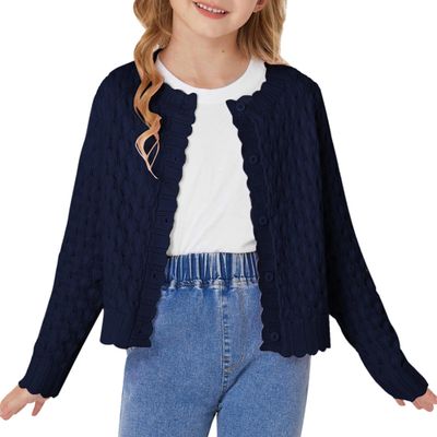 GRACE KARIN Girls Navy Sweater Cardigan Long Sleeve Cable Knit Little Kids Button Front Cropped Sweaters Size 8