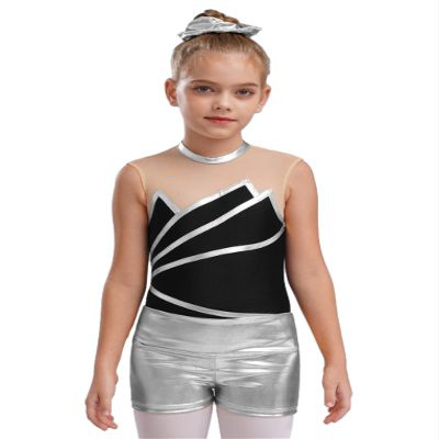 Hansber Kids Girls 3Pcs Gymnastics Outfits Sleeveless Ballet Dance Leotard Athletic Biketard Unitard with Shorts Set Silver 8