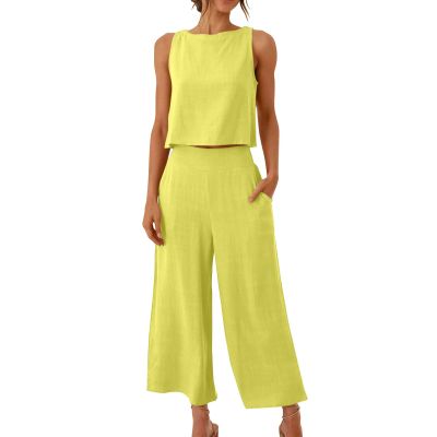 maisdgop Summer Outfits for Women Comfy Sleeveless Tank Crop Button Back Top Capri Wide Leg Pants Linen Sets with Pockets