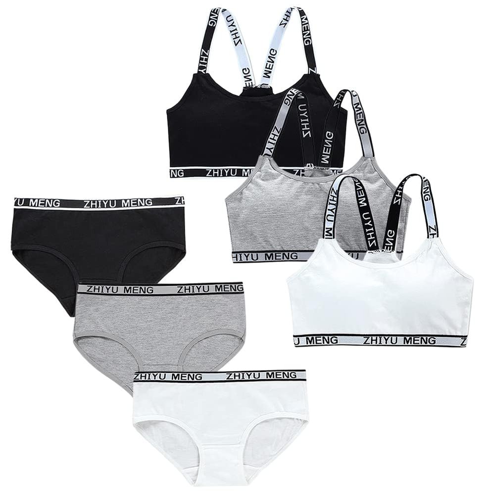 Streamzio Girls Seamless Underwear Set - Girls Bra and Underwear Sets, Training Bra with Matching Panties (6-Piece Set) (White+Gray+Black)