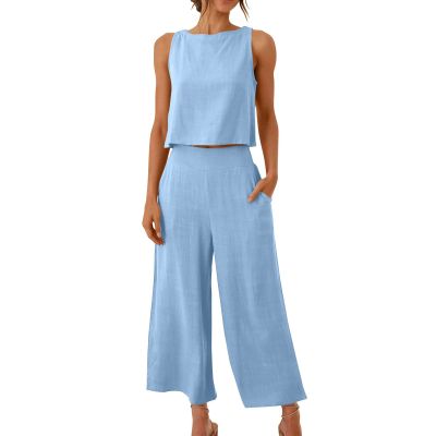 Amazon Clothes Deals,Summer Outfits for Women Comfy Sleeveless Tank Crop Button Back Top Capri Wide Leg Pants Linen Sets with Pockets,Womens Summer Outfits