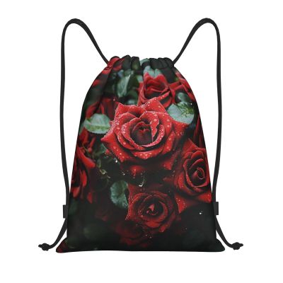 GFLFMXZW Red and Black Rose Drawstring Backpack for Women Men Drawstring Bags Cinch Bags Draw String Bag Casual Gym Bag