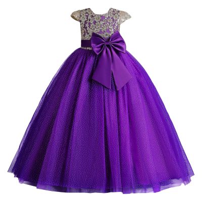 4~13 Years Baby Girls Pageant Lace Embroidery Dresses Kids Formal Dress Fly Sleeve Princess Dresses (Purple, 4-5 Years)