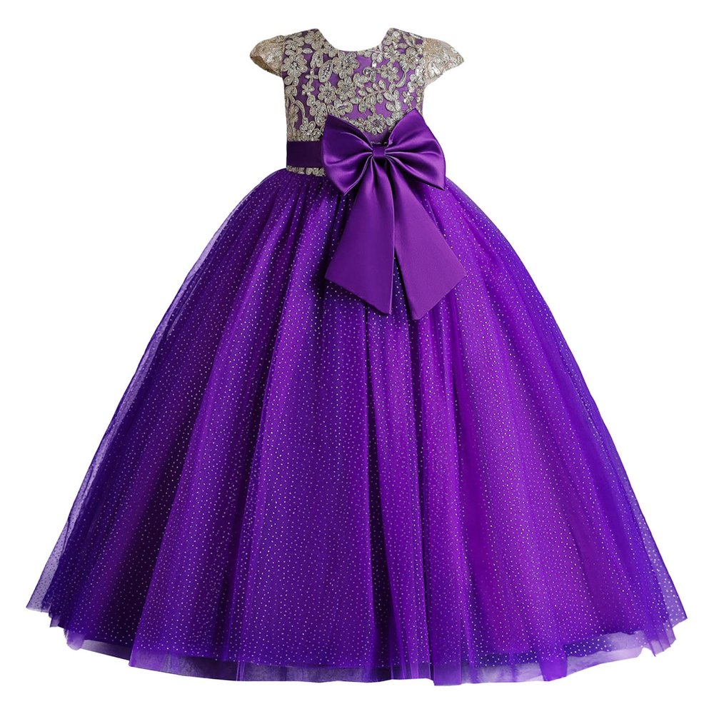 4~13 Years Baby Girls Pageant Lace Embroidery Dresses Kids Formal Dress Fly Sleeve Princess Dresses (Purple, 4-5 Years)