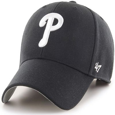 47 Brand MLB Black White Primary Logo MVP Adjustable Structure Baseball Cap Hat, Adult One Size Fits All - Philadelphia Phillies Black White