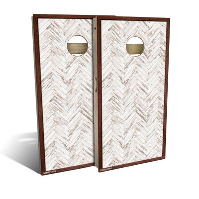 Skip's Garage Rustic White Chevron Cornhole Set - Backyard 2x4 (Corn Bags) - Include Case + Hole + Edge