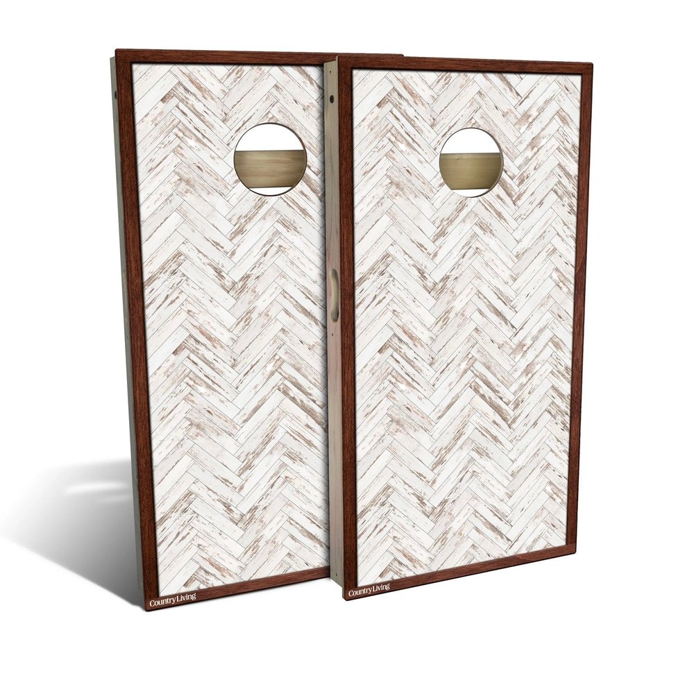 Skip's Garage Rustic White Chevron Cornhole Set - Backyard 2x4 (Corn Bags) - Include Case + Hole + Edge