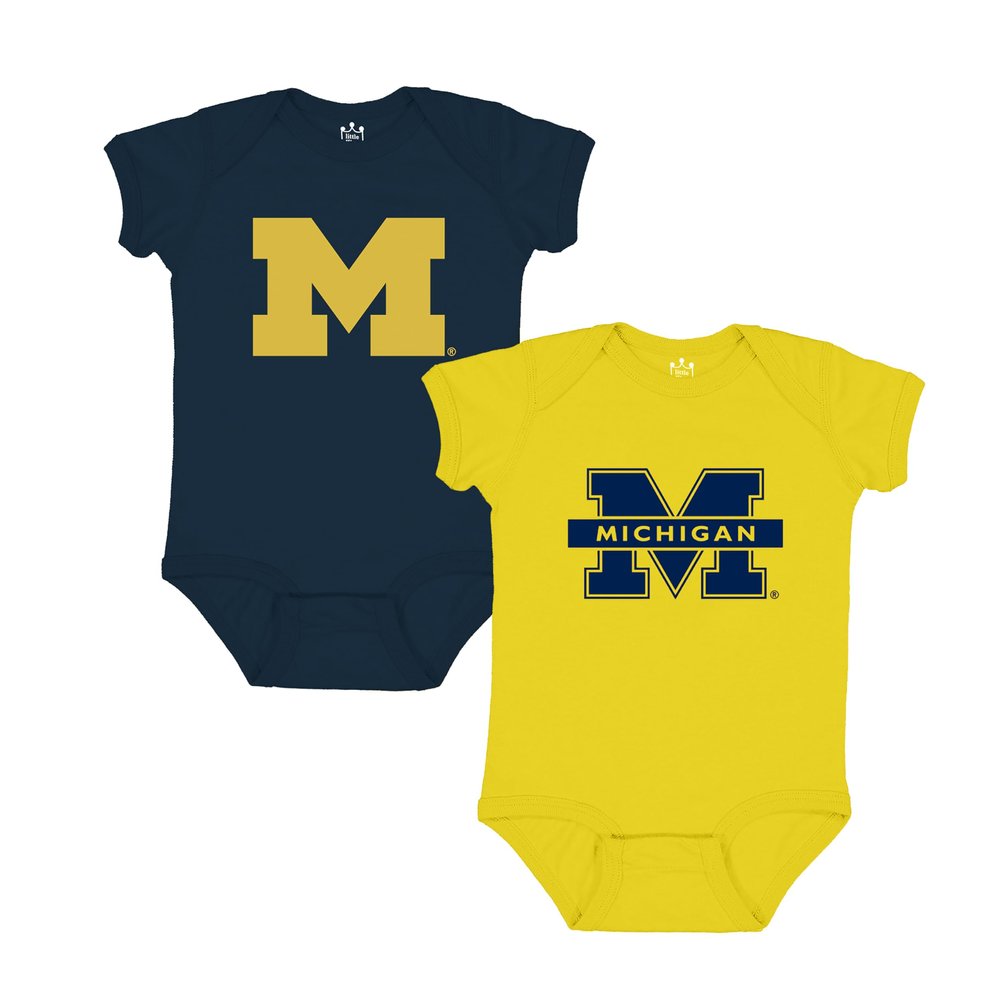 Little King NCAA Bodysuit 2 Pack Short Sleeve-100% Cotton-Michigan-Navy & Maize-12 Months