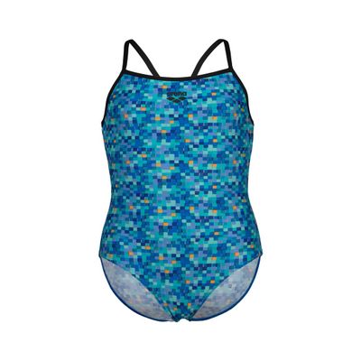 ARENA Performance Girls' Pool Tiles Front-Lined Light Drop Back Swimsuit Pool Training Swim Team Competitions One Piece Bathing Suit, US Size 5Y/22, Black/Blue Multi