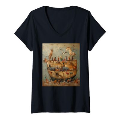 Womens 5.Art, Noahs, Ark, Animals History Bible, Noah's Ship V-Neck T-Shirt