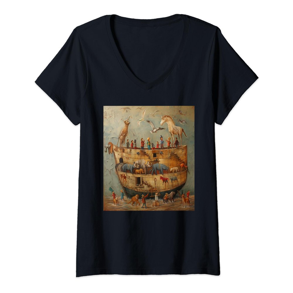 Womens 5.Art, Noahs, Ark, Animals History Bible, Noah's Ship V-Neck T-Shirt