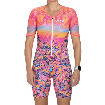 Zoot Womens LTD Tri Aero Fz Racesuit, Short Sleeve Aerodynamic Cycle Race Swim Bike Run Tri Suit with Pockets UPF 50+ Fabric - Club Aloha - X-Large