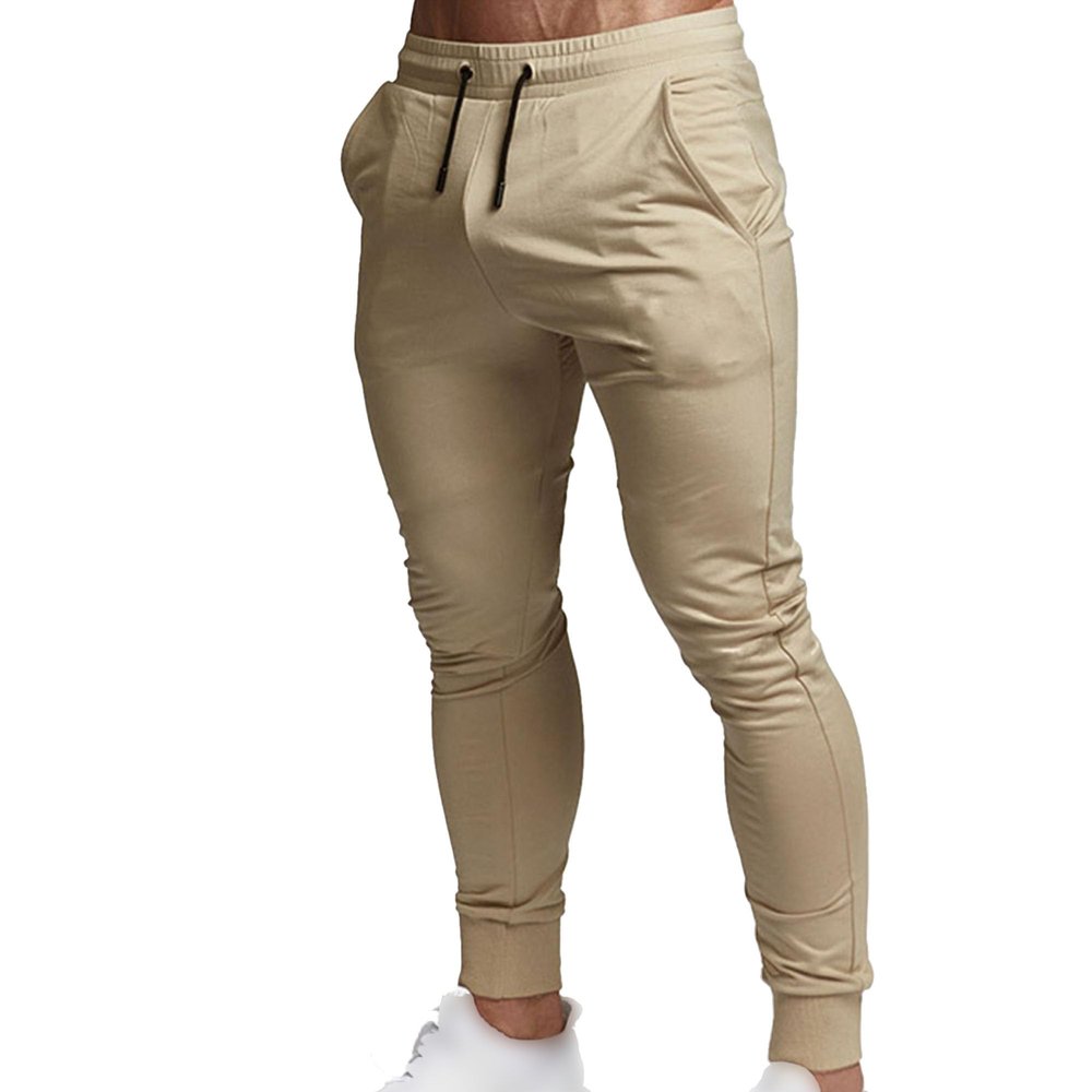 Mens Cotton Drawstring Joggers Pants Casual Workout Running Gym Sweatpants Stretch Elastic Waist Cargo Trousers (Khaki,X-Large)