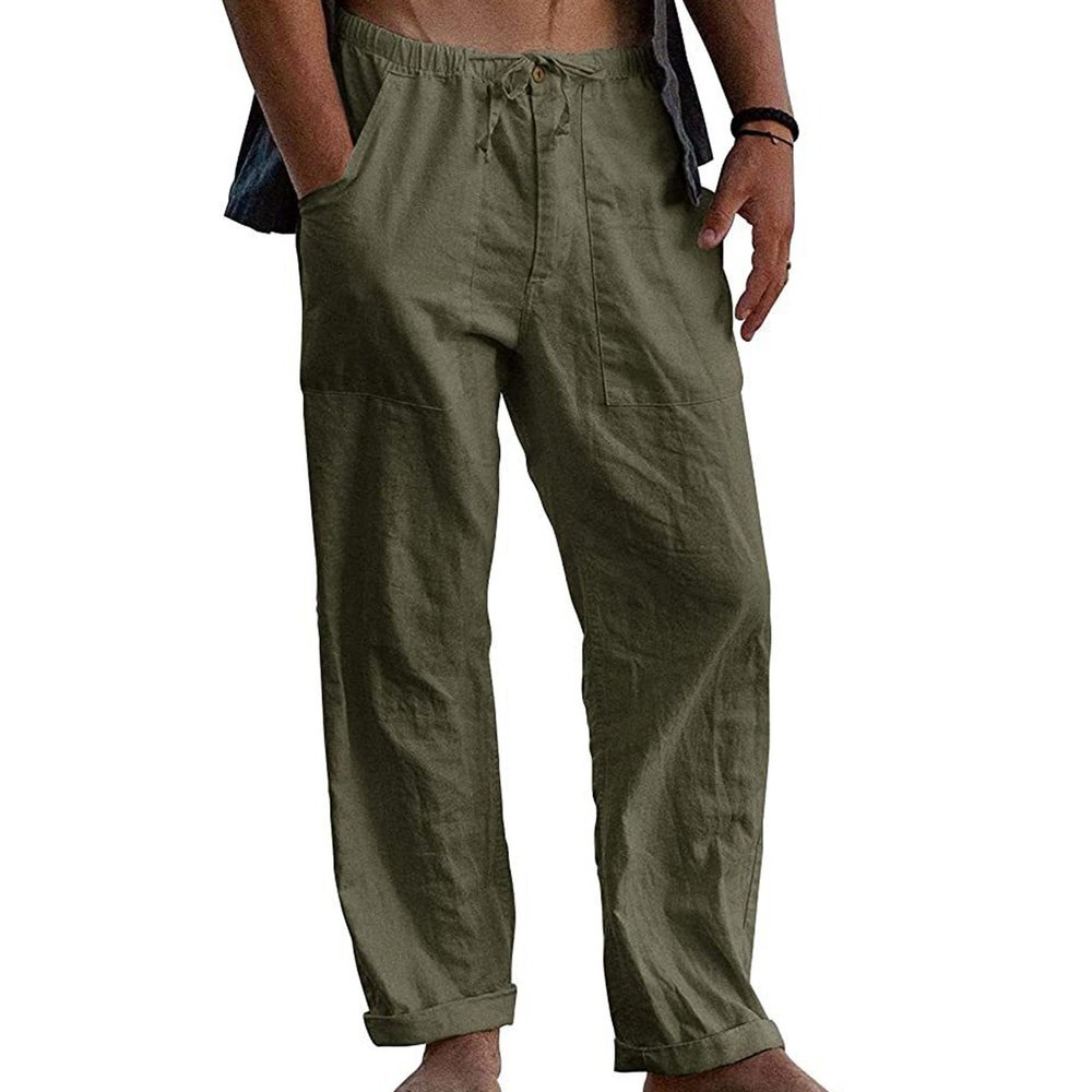 Maiyifu-GJ Men's Linen Cotton Loose Fit Pants Casual Sweatpants Lightweight Elastic Waist Drawstring Pants Jogger Trousers (Army Green,XX-Large)
