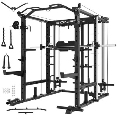 EonfitOmni Eonfit E5 Smith Machine with Vertical Leg Press, Power Cage Squat Rack with LAT-Pull Down Cable Crossover Rotating Arms System Home Gym Equipment All in One (Black, STD)
