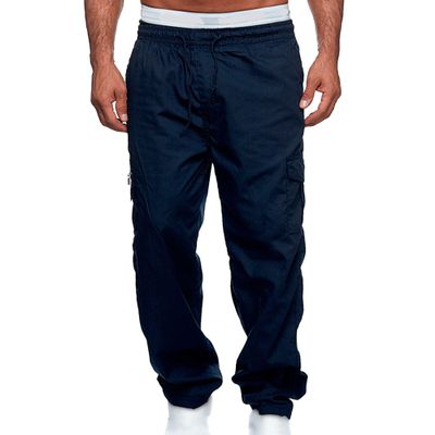 Mens Casual Drawstring Joggers Pants Multi Pockets Cargo Sweatpants Stretch Elastic Waist Athletic Hiking Trousers (Dark Blue,Medium)