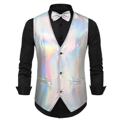 DGHM-JLMY Mens Vest Tie Set Waistcoat for Suit or Tuxedo Wedding Party Formal Dress Waistcoat for Suit or Tuxedo (XX-Large,Silver)