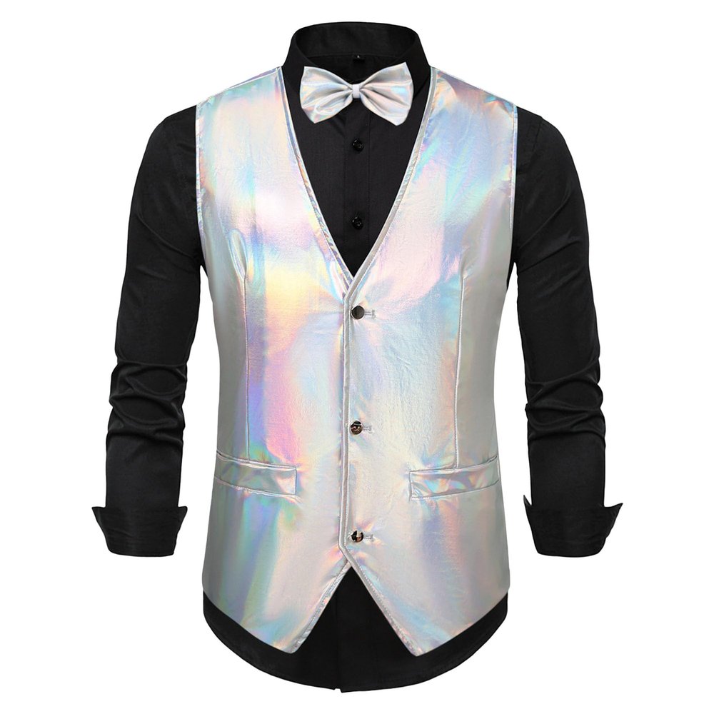 DGHM-JLMY Mens Vest Tie Set Waistcoat for Suit or Tuxedo Wedding Party Formal Dress Waistcoat for Suit or Tuxedo (XX-Large,Silver)