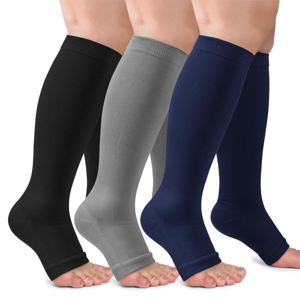 CTHH 3 Pack Open Toe Compression Socks for Women & Men, Toeless Knee High Stockings for Circulation Support, Black Gray Navy Large-X-Large