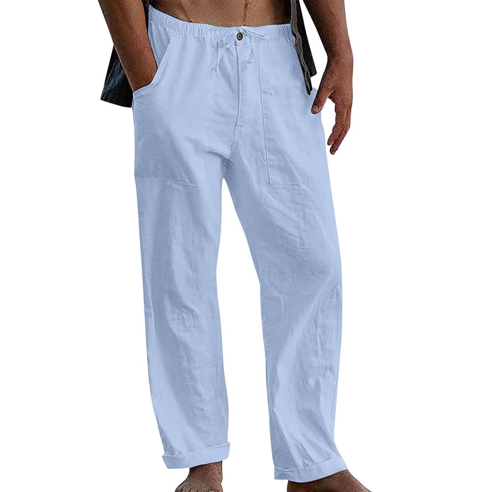 Maiyifu-GJ Men's Linen Cotton Loose Fit Pants Casual Sweatpants Lightweight Elastic Waist Drawstring Pants Jogger Trousers (Light Blue 1,Medium)
