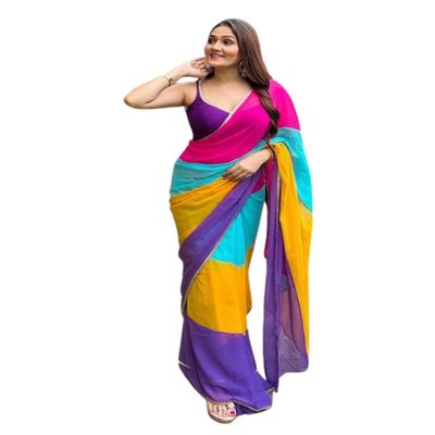 Be4Me.com Alia bhatt Saree celebraty inspired sari Bollywood partywear Satin and Georette Printed saree (unstitch Blouse) (Alia Rainbow -Purple)
