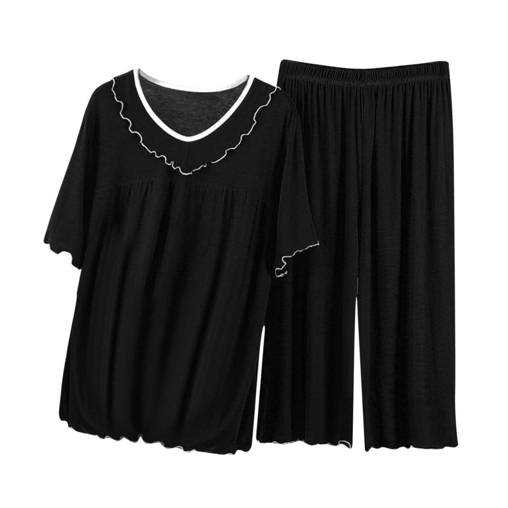 Generic Women Pajama Sets Two-Piece Sleepwear Loungewear Short Sleeve V Neck Pullover Pj Lounge Sets Nightwear with Long Pants, X-Large, A01_black
