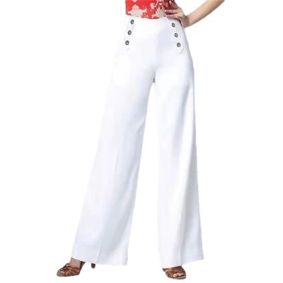 NineFit Basics Spring Autumn Womens High Waist Wide Leg Pants Solid Color Button Decoratio Loose Office Lady Fashion Casual Trousers, Medium, White Shuangpaikou